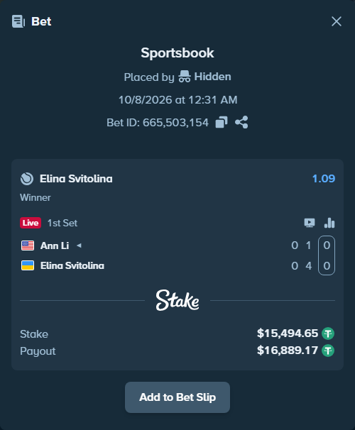 Bet slip: Ann Li - Elina Svitolina, $15,490.00 stake at 1.09 odds, placed by Hidden