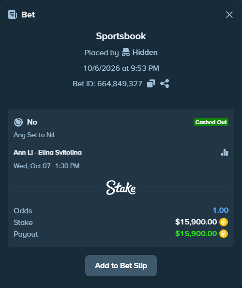 Bet slip: Ann Li - Elina Svitolina, $15,955.93 stake at 1.07 odds, placed by Tanyakirova77