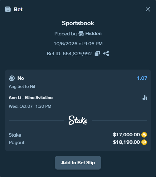 Bet slip: Ann Li - Elina Svitolina, $17,047.74 stake at 1.07 odds, placed by Tanyakirova77