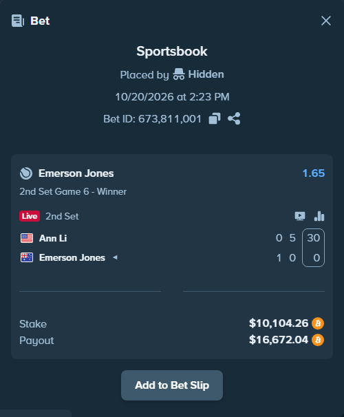 Bet slip: Ann Li - Emerson Jones, $10,105.59 stake at 1.65 odds, placed by Hidden