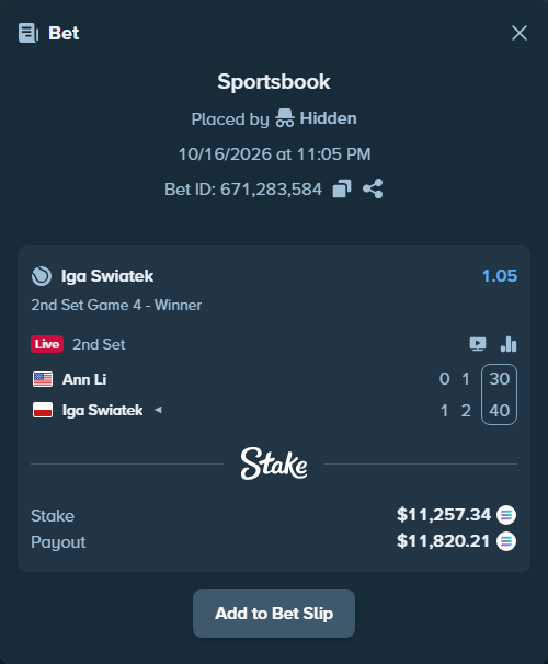 Bet slip: Ann Li - Iga Swiatek, $11,196.60 stake at 1.05 odds, placed by Hidden