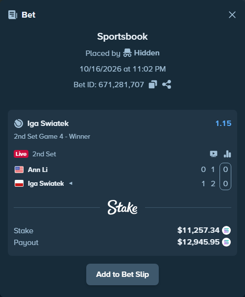 Bet slip: Ann Li - Iga Swiatek, $10,986.37 stake at 1.15 odds, placed by Hidden