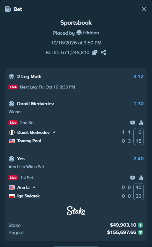 Bet slip: Ann Li - Iga Swiatek, $49,953.00 stake at 2.40 odds, placed by Hidden