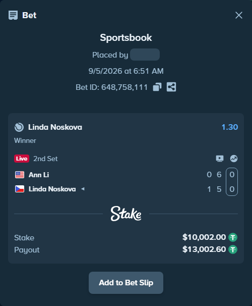 Bet slip: Ann Li - Linda Noskova, $10,000.00 stake at 1.30 odds, placed by Mrazova