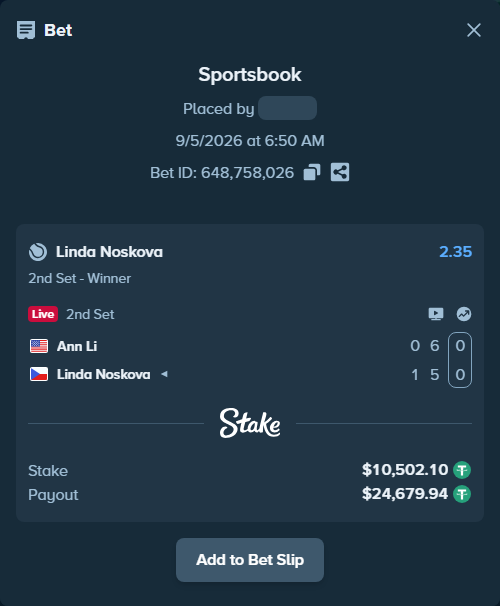 Bet slip: Ann Li - Linda Noskova, $10,500.00 stake at 2.35 odds, placed by Mrazova