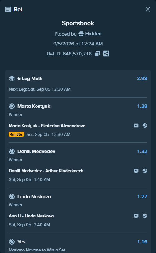 Bet slip: Ann Li - Linda Noskova, $13,673.48 stake at 1.27 odds, placed by Hidden