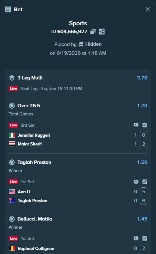 Bet slip: Ann Li - Taylah Preston, $10,000.00 stake at 1.50 odds, placed by Hidden