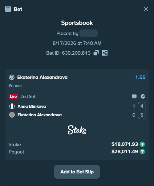 Bet slip: Anna Blinkova - Ekaterina Alexandrova, $18,090.00 stake at 1.55 odds, placed by Mopsik33