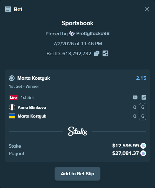 Bet slip: Anna Blinkova - Marta Kostyuk, $12,706.86 stake at 2.15 odds, placed by Prettylfacko98