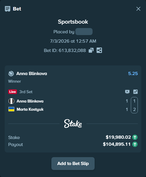 Bet slip: Anna Blinkova - Marta Kostyuk, $20,000.00 stake at 5.25 odds, placed by ayoflasher