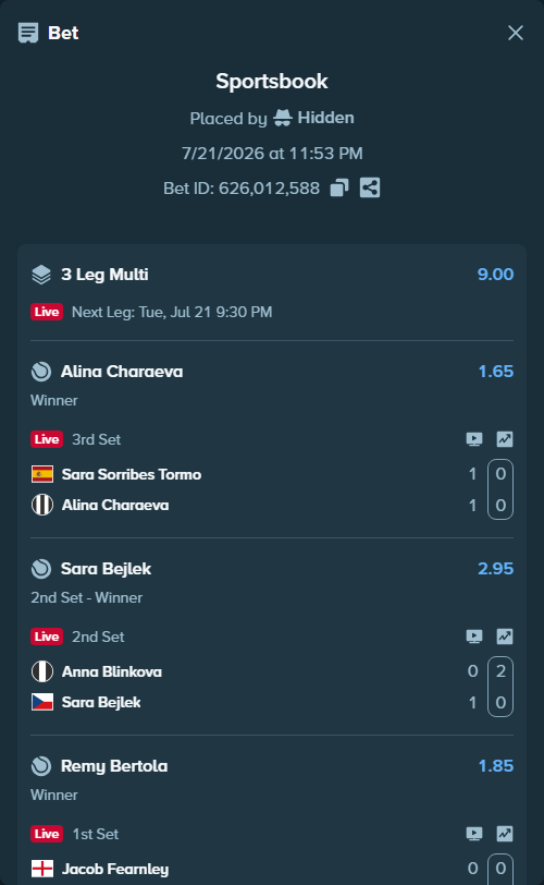 Bet slip: Anna Blinkova - Sara Bejlek, $10,000.00 stake at 2.95 odds, placed by Hidden