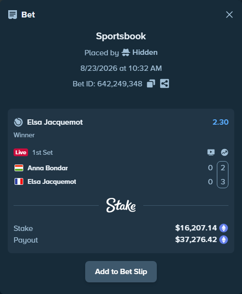 Bet slip: Anna Bondar - Elsa Jacquemot, $16,102.59 stake at 2.30 odds, placed by Hidden