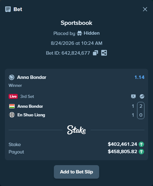 Bet slip: Anna Bondar - En Shuo Liang, $402,421.00 stake at 1.14 odds, placed by Hidden