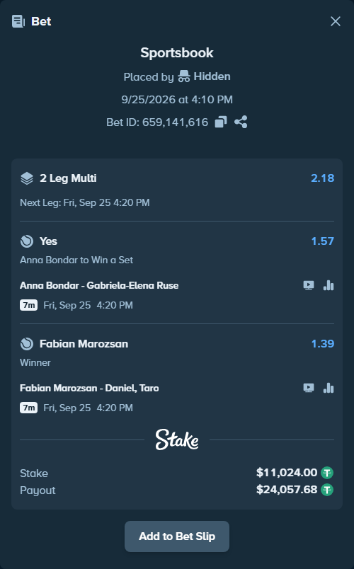 Bet slip: Anna Bondar - Gabriela-Elena Ruse, $11,024.00 stake at 1.57 odds, placed by Hidden