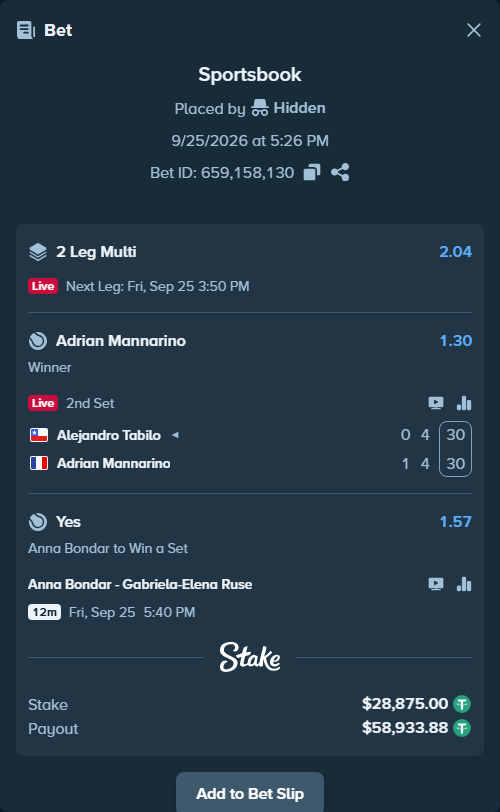 Bet slip: Anna Bondar - Gabriela-Elena Ruse, $28,875.00 stake at 1.57 odds, placed by Hidden