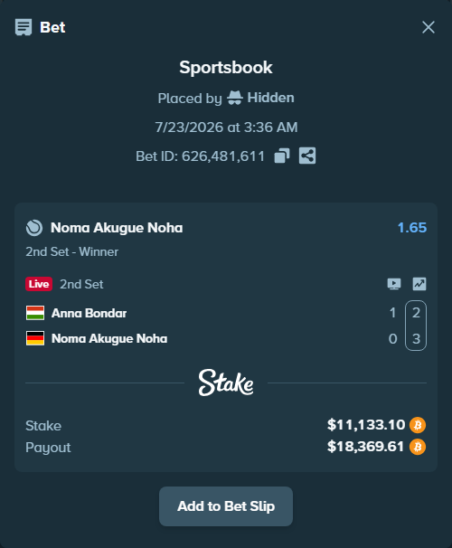 Bet slip: Anna Bondar - Noma Akugue Noha, $10,820.65 stake at 1.65 odds, placed by Hidden