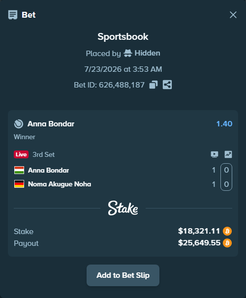 Bet slip: Anna Bondar - Noma Akugue Noha, $17,854.08 stake at 1.40 odds, placed by Hidden