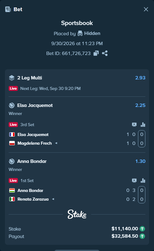 Bet slip: Anna Bondar - Renata Zarazua, $11,140.00 stake at 1.30 odds, placed by Zackocracko26