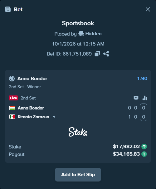 Bet slip: Anna Bondar - Renata Zarazua, $18,000.00 stake at 1.90 odds, placed by Zackocracko26