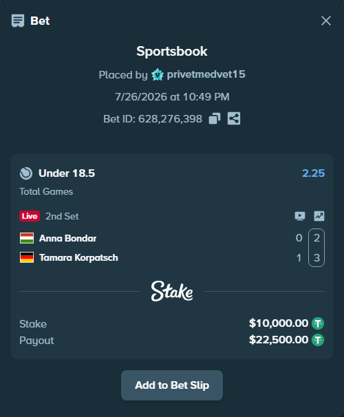Bet slip: Anna Bondar - Tamara Korpatsch, $10,000.00 stake at 2.25 odds, placed by privetmedvet15