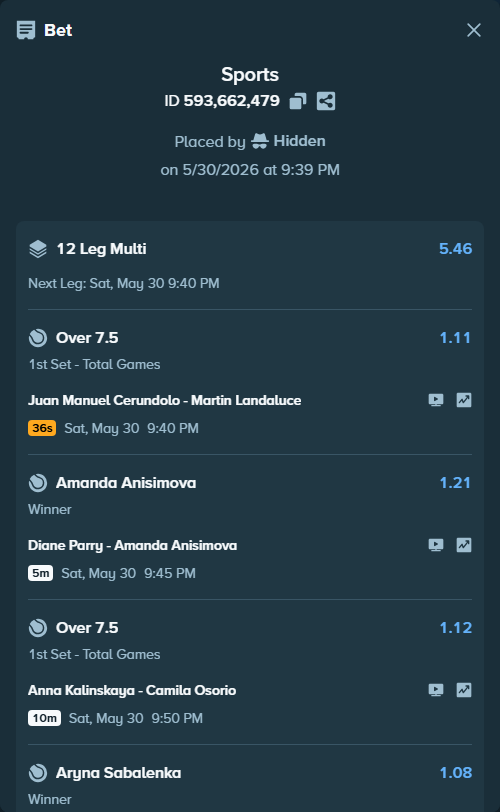Bet slip: Anna Kalinskaya - Camila Osorio, $109,830.47 stake at 1.12 odds, placed by Hidden