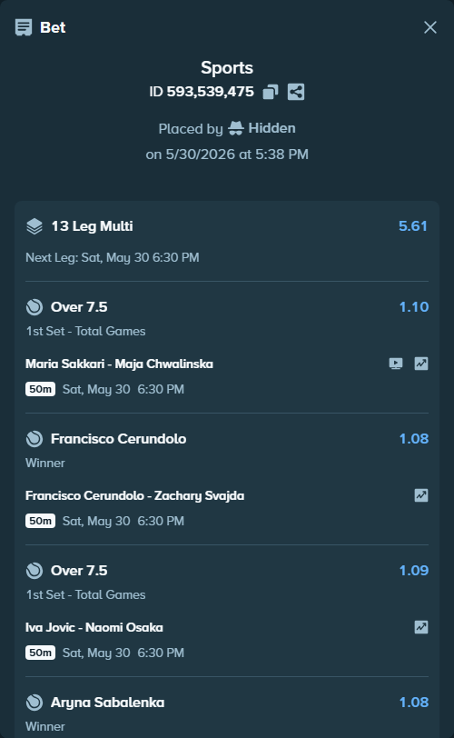 Bet slip: Anna Kalinskaya - Camila Osorio, $68,110.14 stake at 1.12 odds, placed by Hidden