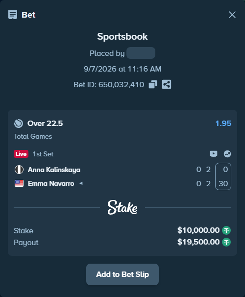 Bet slip: Anna Kalinskaya - Emma Navarro, $10,000.00 stake at 1.95 odds, placed by Palo6