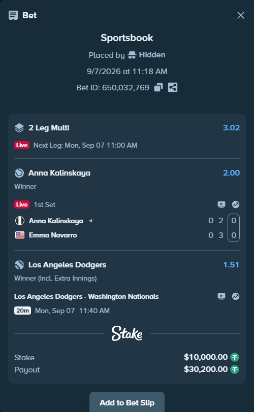 Bet slip: Anna Kalinskaya - Emma Navarro, $10,000.00 stake at 2.00 odds, placed by Hidden