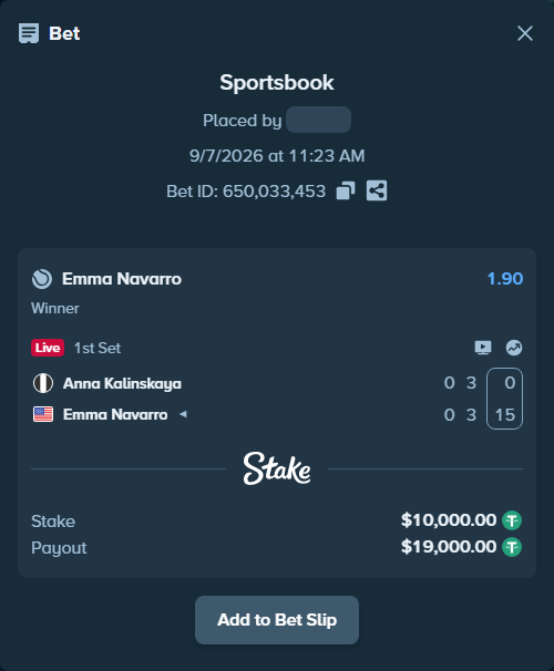 Bet slip: Anna Kalinskaya - Emma Navarro, $10,000.00 stake at 1.90 odds, placed by Mrazova