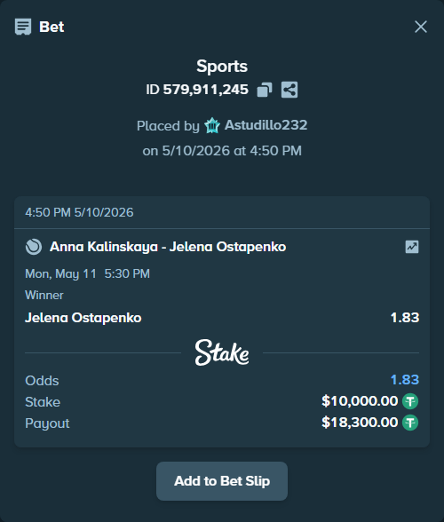 Bet slip: Anna Kalinskaya - Jelena Ostapenko, $10,000.00 stake at 1.83 odds, placed by Astudillo232