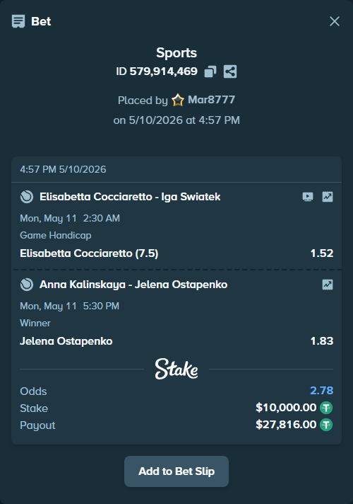 Bet slip: Anna Kalinskaya - Jelena Ostapenko, $10,000.00 stake at 1.83 odds, placed by Mar8777
