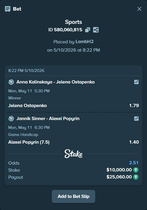 Bet slip: Anna Kalinskaya - Jelena Ostapenko, $10,000.00 stake at 1.79 odds, placed by LambH2