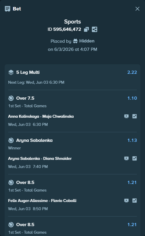 Bet slip: Anna Kalinskaya - Maja Chwalinska, $39,322.24 stake at 1.10 odds, placed by Hidden