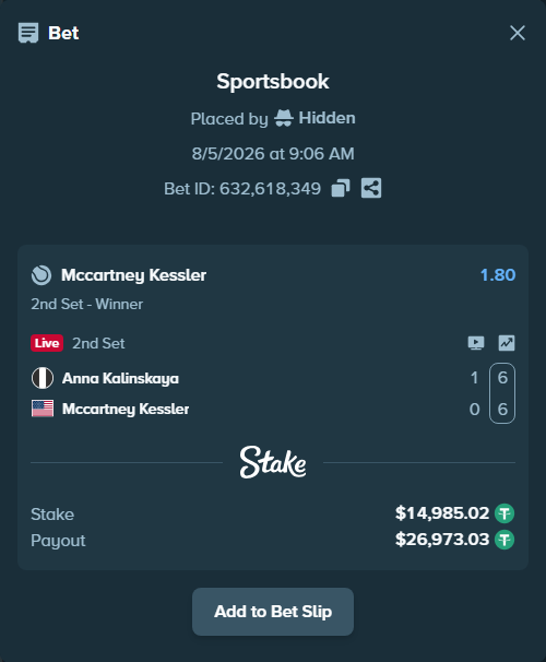 Bet slip: Anna Kalinskaya - Mccartney Kessler, $15,000.00 stake at 1.80 odds, placed by Jude1112