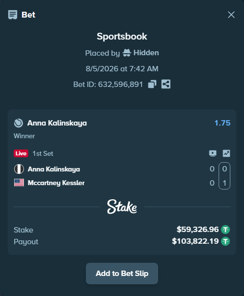 Bet slip: Anna Kalinskaya - Mccartney Kessler, $59,386.29 stake at 1.75 odds, placed by Hidden