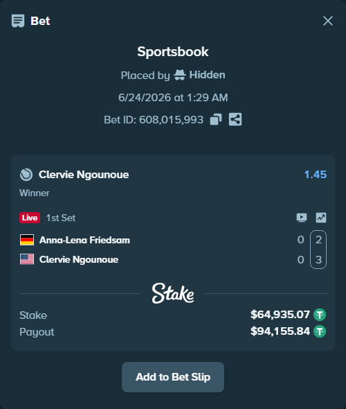 Bet slip: Anna-Lena Friedsam - Clervie Ngounoue, $65,000.00 stake at 1.45 odds, placed by Hidden
