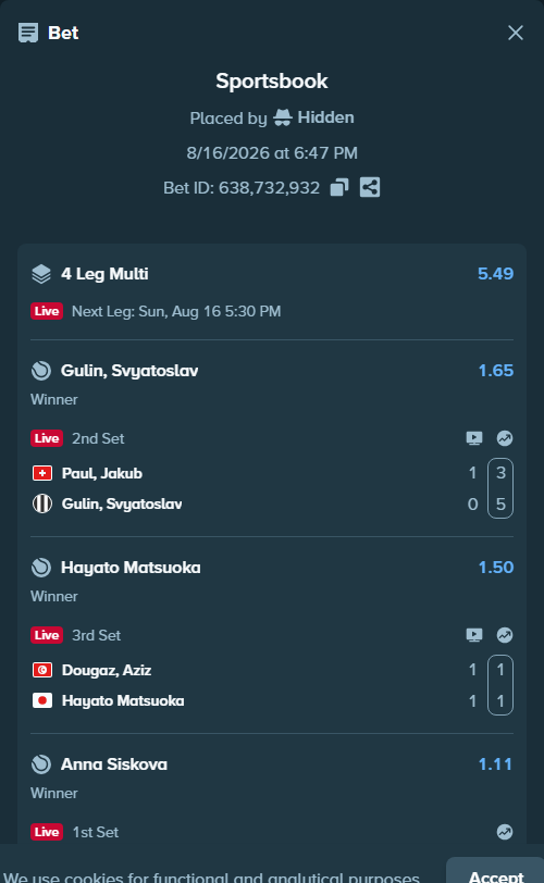 Bet slip: Anna Siskova - McAdoo, Rasheeda, $10,681.00 stake at 1.11 odds, placed by Hidden