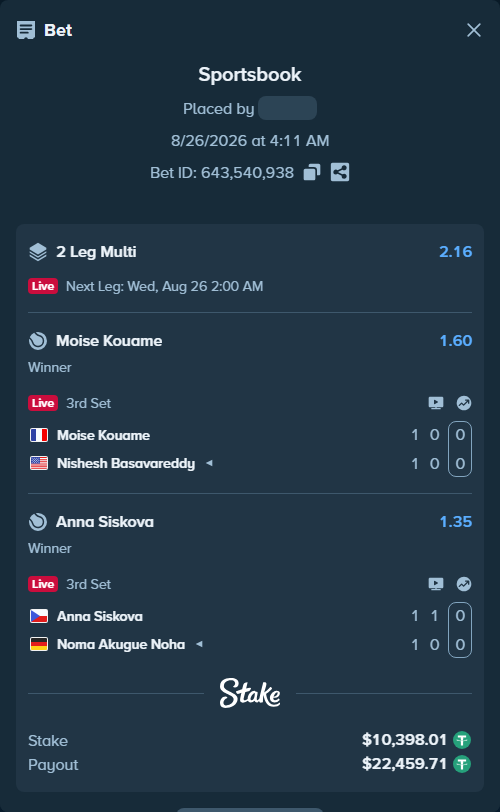 Bet slip: Anna Siskova - Noma Akugue Noha, $10,398.01 stake at 1.35 odds, placed by WinTr10