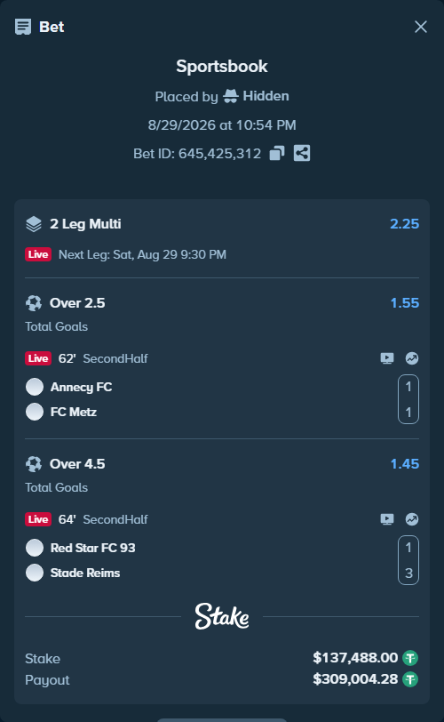Bet slip: Annecy - Metz, $137,488.00 stake at 1.55 odds, placed by Hidden