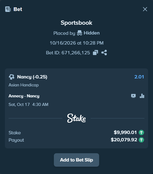 Bet slip: Annecy - Nancy, $10,000.00 stake at 2.01 odds, placed by Hidden