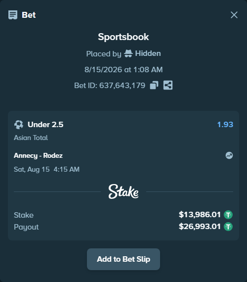 Bet slip: Annecy - Rodez, $14,000.00 stake at 1.93 odds, placed by Hidden