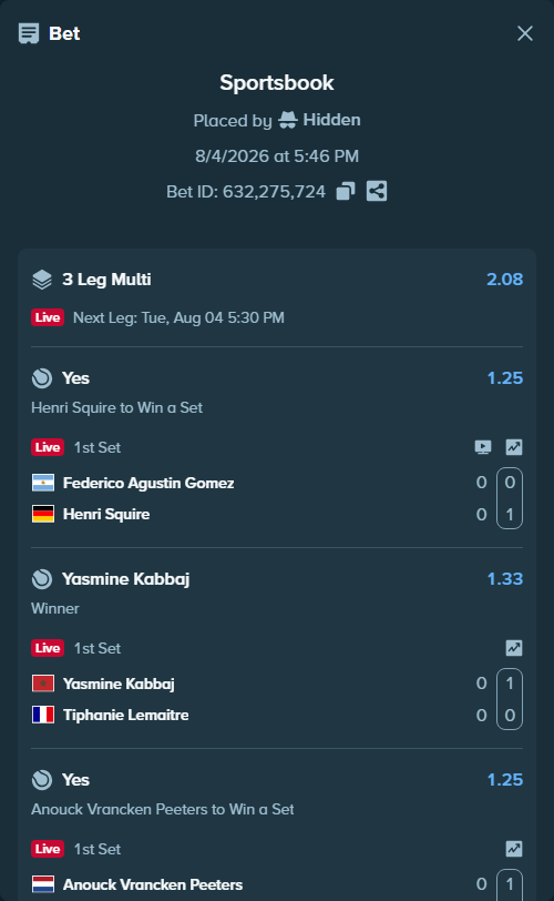 Bet slip: Anouck Vrancken Peeters - Ebeling Koning, Loes, $40,000.00 stake at 1.25 odds, placed by Hidden