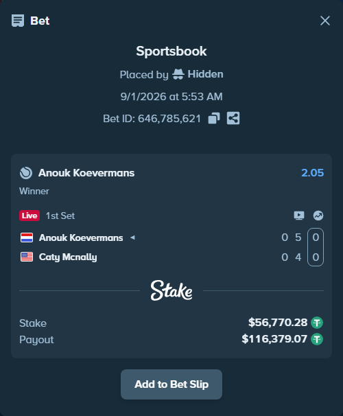 Bet slip: Anouk Koevermans - Caty Mcnally, $56,770.28 stake at 2.05 odds, placed by Hidden