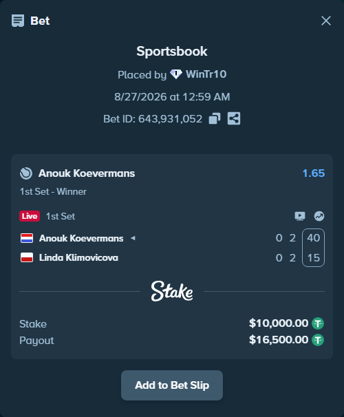 Bet slip: Anouk Koevermans - Linda Klimovicova, $10,000.00 stake at 1.65 odds, placed by WinTr10