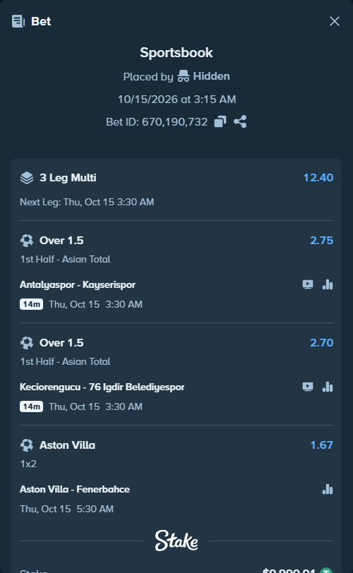 Bet slip: Antalyaspor - Kayserispor, $10,000.00 stake at 2.75 odds, placed by Hidden