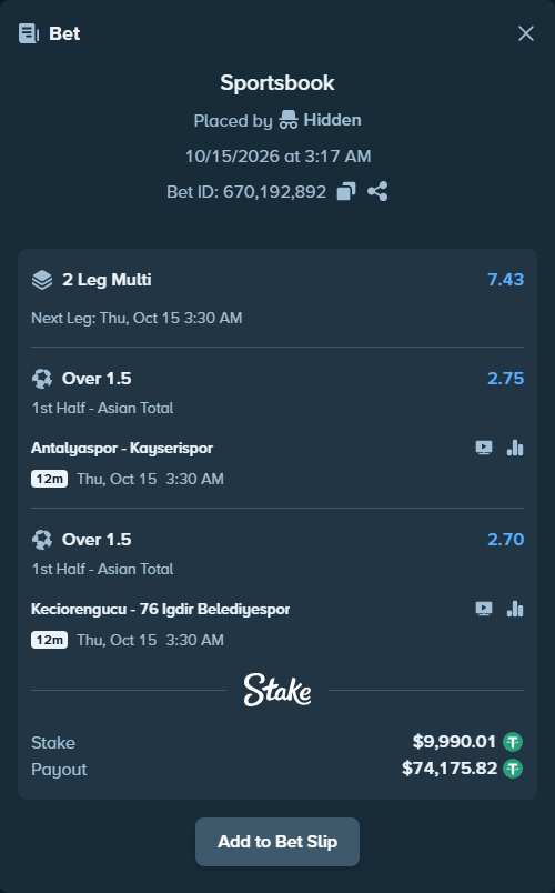 Bet slip: Antalyaspor - Kayserispor, $10,000.00 stake at 2.75 odds, placed by Hidden