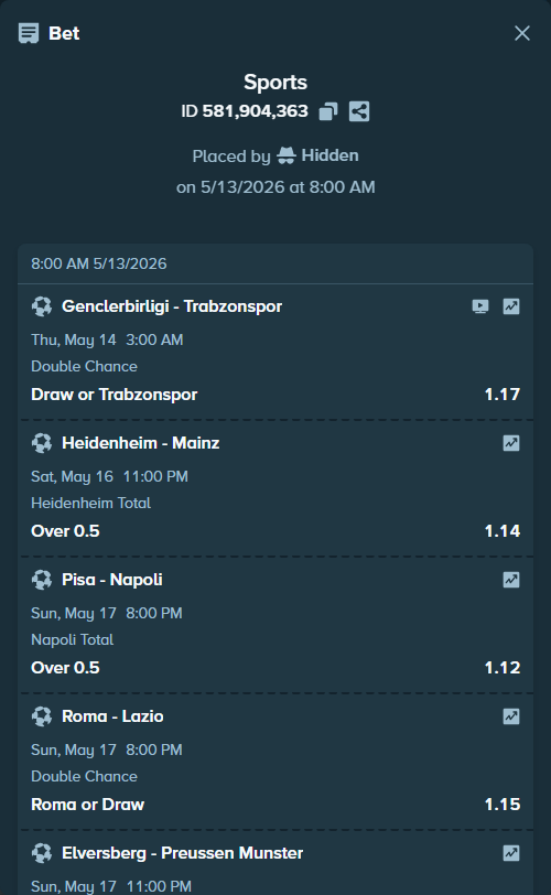 Bet slip: Antalyaspor - Kocaelispor, $15,167.38 stake at 1.15 odds, placed by Hidden