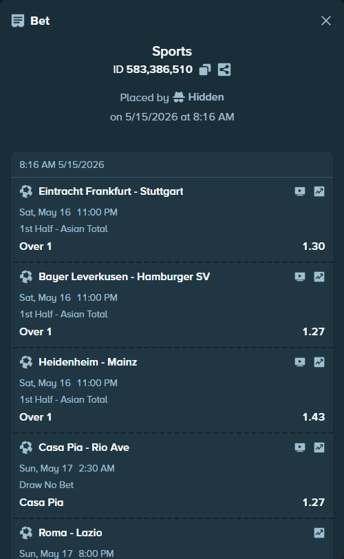 Bet slip: Antalyaspor - Kocaelispor, $50,147.00 stake at 1.15 odds, placed by Hidden