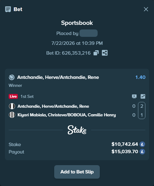 Bet slip: Antchandie, Herve/Antchandie, Rene - Kiyari Mabiala, Christeve/BOBOUA, Camille Henry, $10,451.20 stake at 1.40 odds, placed by larsdoxrud