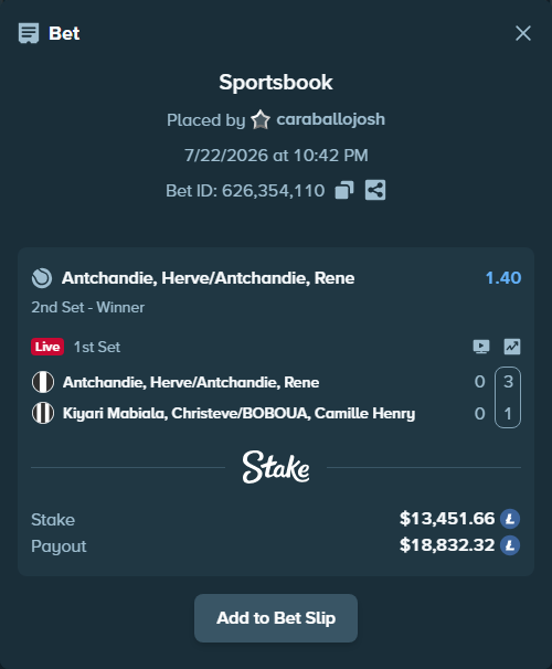 Bet slip: Antchandie, Herve/Antchandie, Rene - Kiyari Mabiala, Christeve/BOBOUA, Camille Henry, $13,086.72 stake at 1.40 odds, placed by caraballojosh